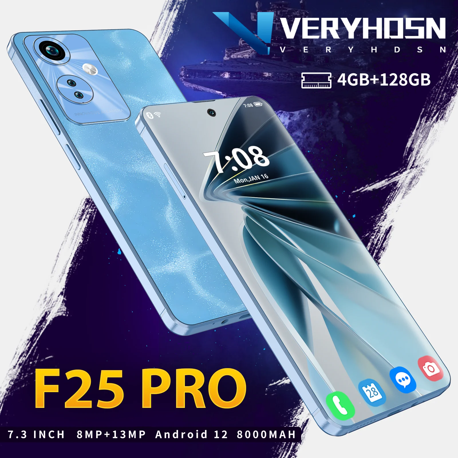 VERYHDSN F25 PRO Telephone 7.3 Inch Smartphone Android12 8800mAh 15MP Quad Core Cell Mobile 4GB RAM 128GB ROM Dual SIM Standby