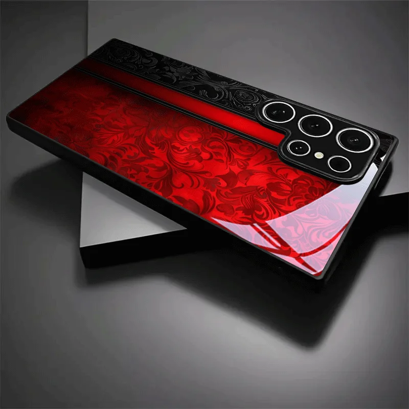 Retro red black red patterned glass phone case suitable for Samsung Galaxy S26 S25 S24 S22 S21 S20 FE/Ultra/Plus anti drop