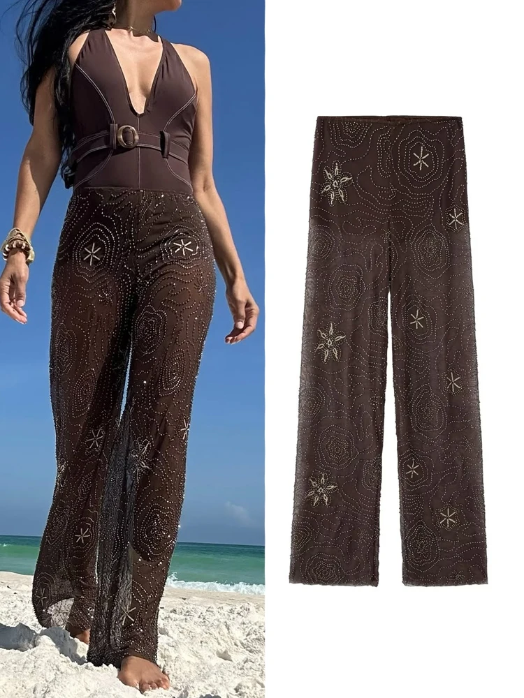 HXAO Women's Pants Sequin Beaded Trousers Tulle Breathable High Waist Pants Summer Fashion Streetwear Woman Long Pants