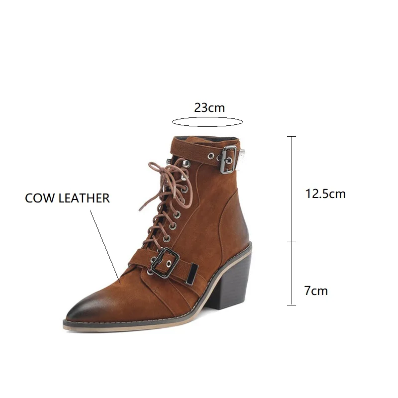 New Autumn/winter Genuine Leather Women Boot Pointed Toe Shoes Fashion Belt Buckle Short Boots for Women Handmade Large Size