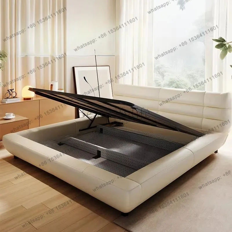 FG Queen Leather Double Bed Backrest White Italian Big Modern King Beds Bedroom Storage Floor Camas De Dormitorio Furniture