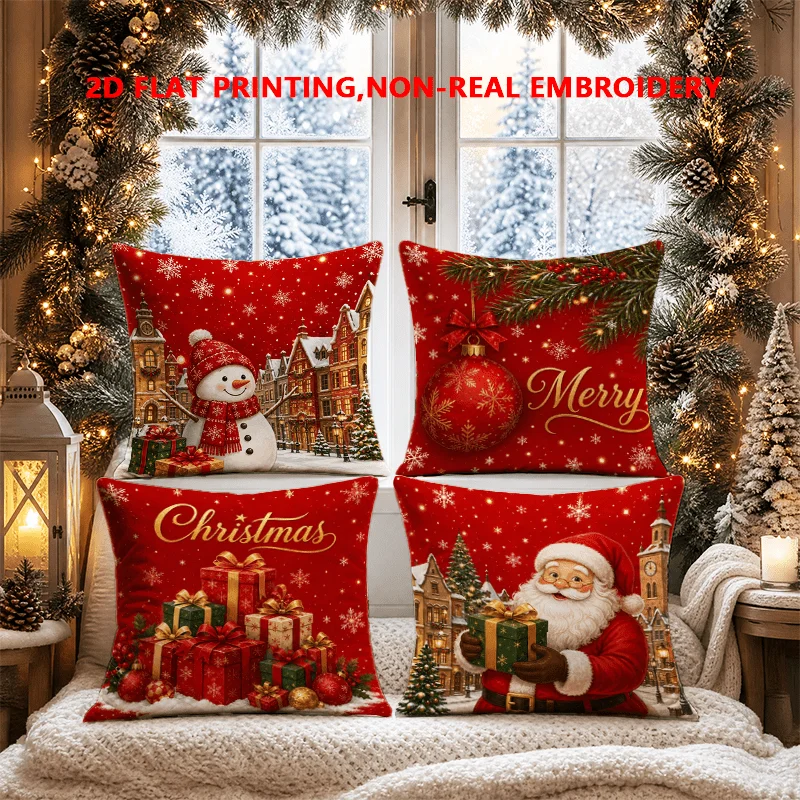 2D FLAT-4pc Christmas Festive Throw Pillow Covers Sofa and living room decoration, single-sided printing, without pillow core