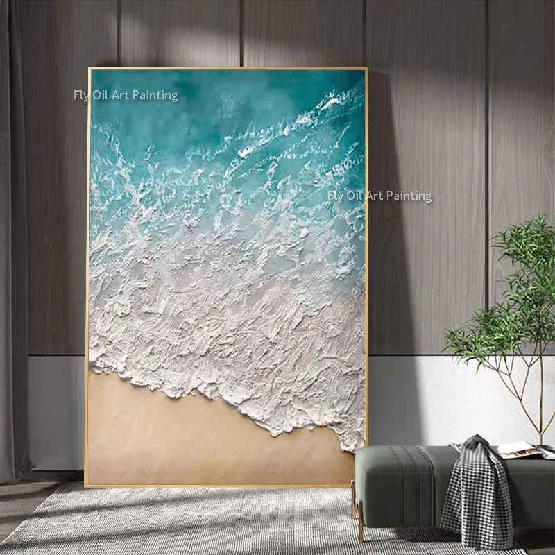 Cuchillo de Seawave azul y blanco, pintura al óleo gruesa hecha a mano, paisaje marino blanco verde, pintura en lienzo, arte de pared moderno, obra de arte de mar