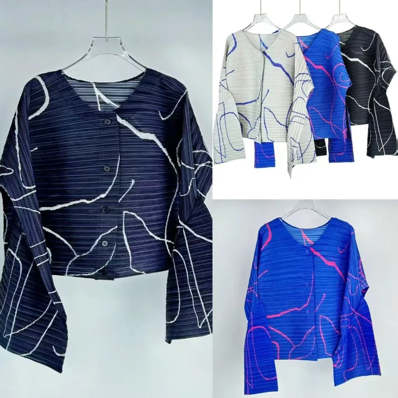 

Женская плиссированная рубашка Miyake, сентябрь 2021, новая серия с принтом, высококачественная рубашка со складками, универсальная куртка-кардиган с длинными рукавами