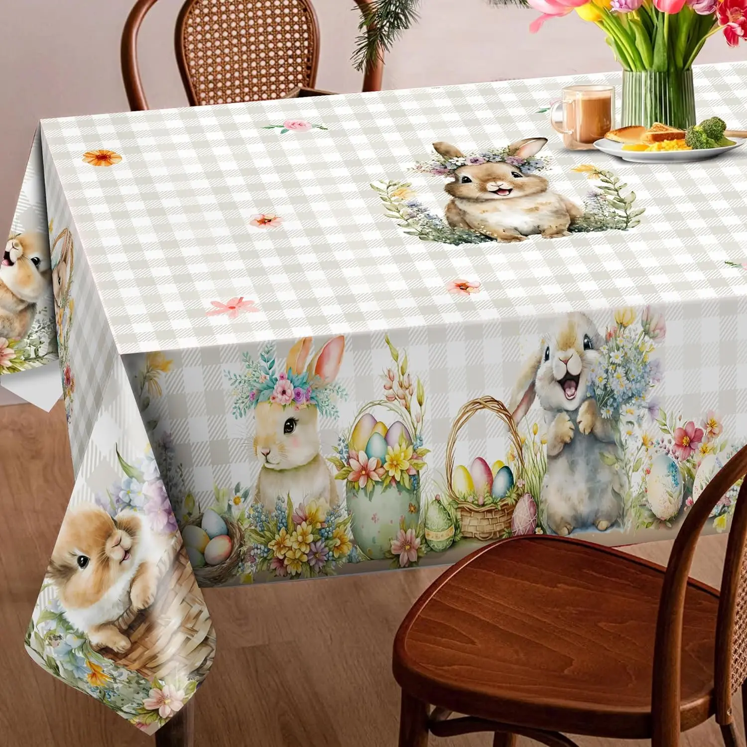 Easter Eggs Bunny Floral Tablecloth Party Table Decor Spring Colorful Flower Buffalo Plaid Dining Table Cloth Easter Decorations