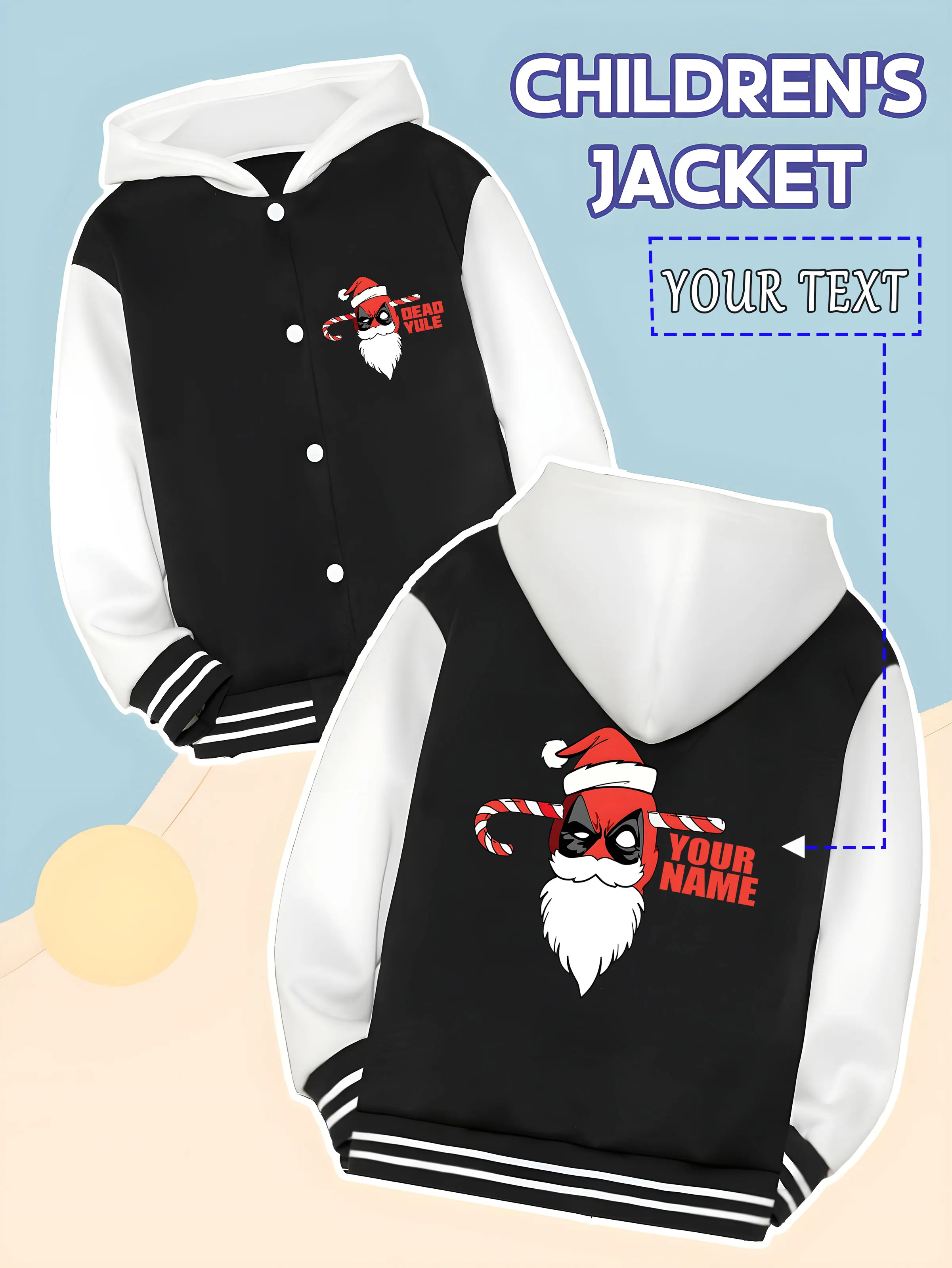 

MINISO Marvel Boys Baseball Jacket - Christmas Deadpool print, full of festive atmosphere, warm and appropriate for autumn and w
