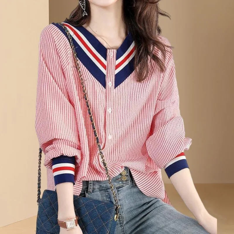 Spring Autumn New Striped Contrast Patchwork Shirt Tops Long Sleeve Loose Button Vintage Blouse Fashion Casual Women Clothing