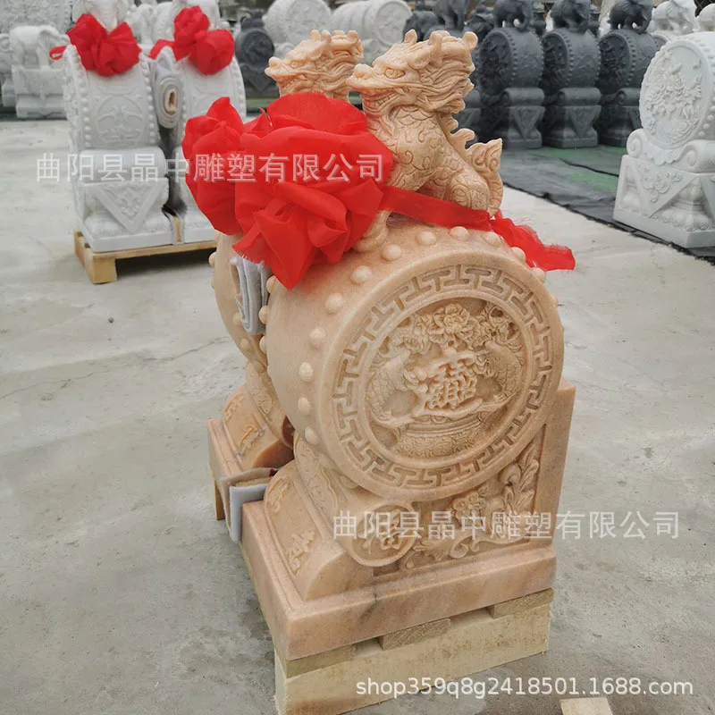 Customized stone carving door pier holding drum, a pair of white marble stone drums, sunset red and blue stone baby elephant Pix