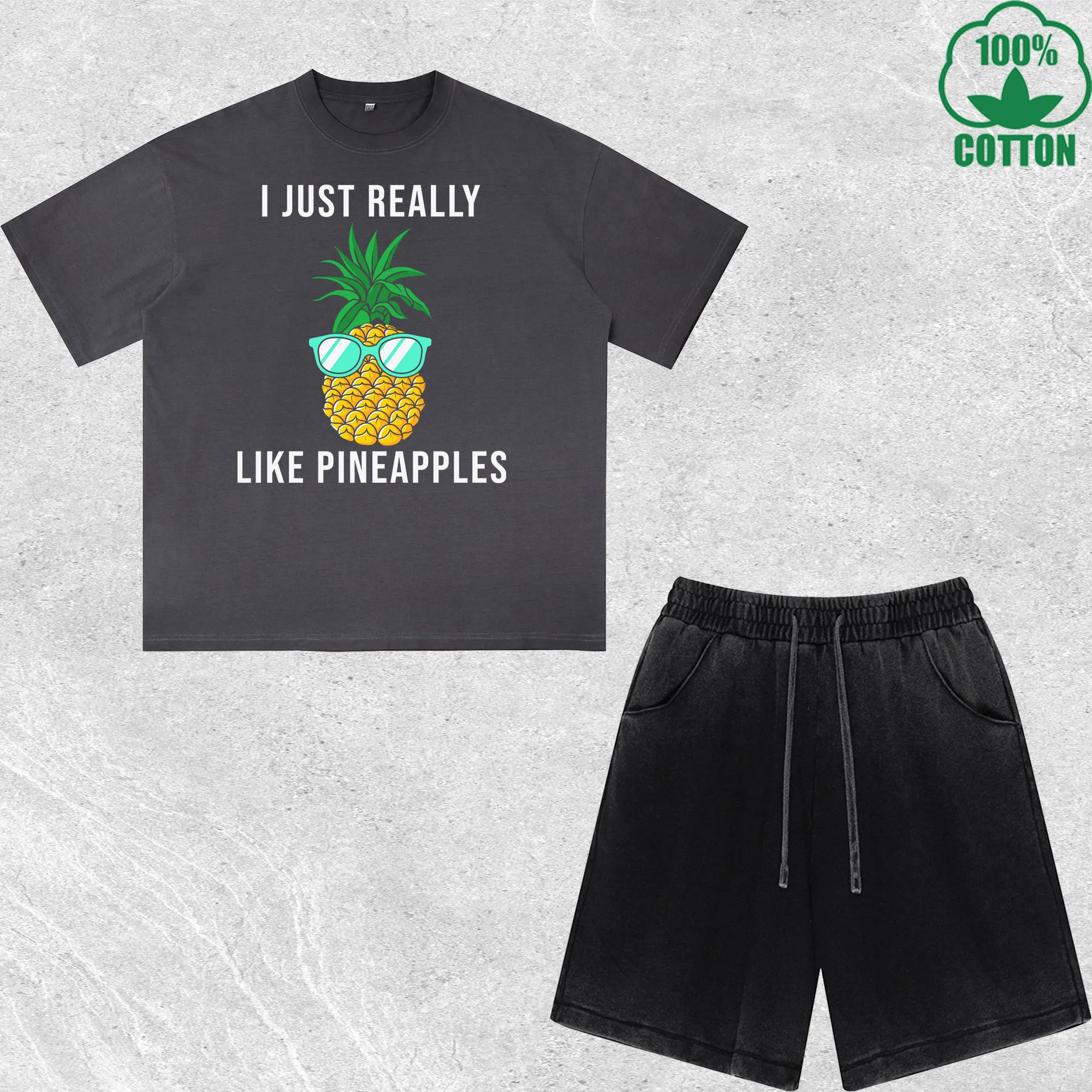 

Like Pineapples Printed Dirty Wash T-Shirt Shorts Set Multicolor Combo Loose Trendy Fashionable 100%Cotton