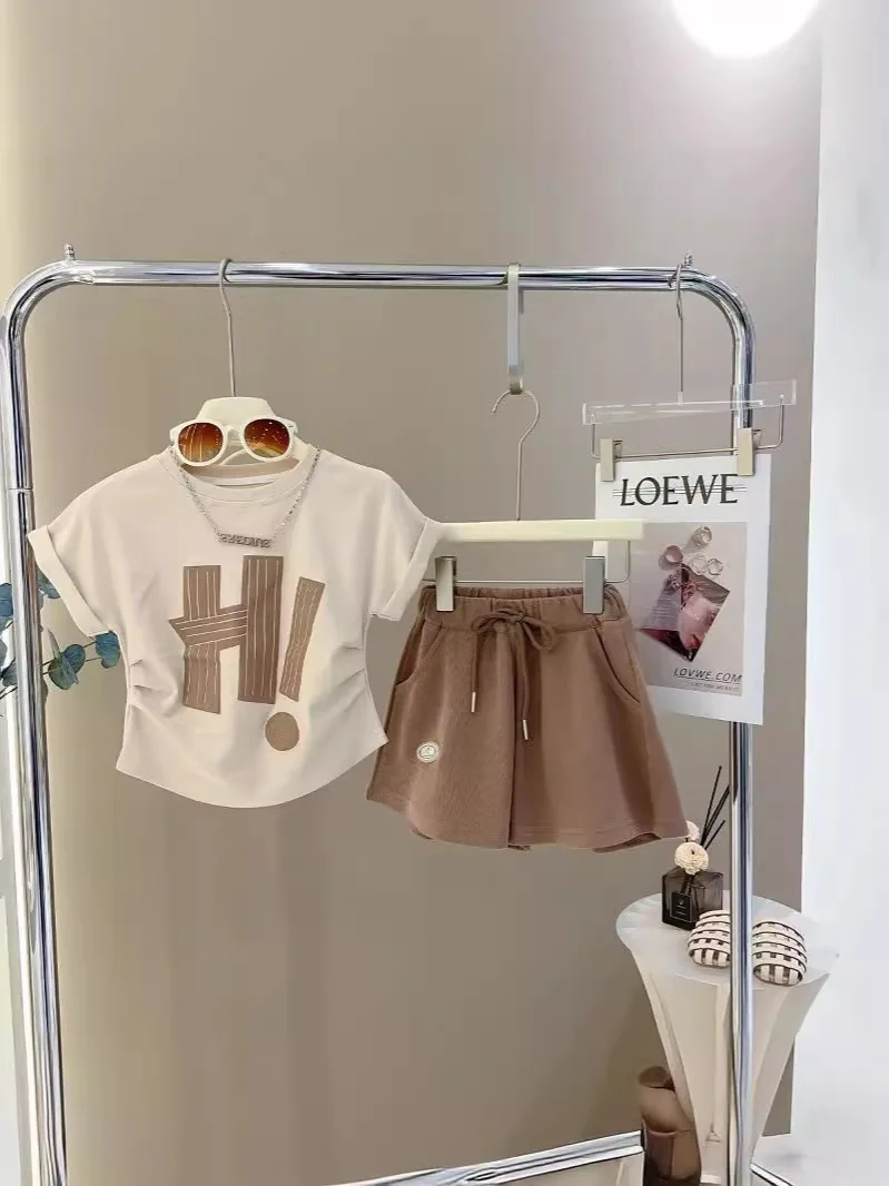 Summer New Girls Casual Suit Girls Short-Sleeved Suit T-Shirt Shorts Two-Piece Children's Sports Suit Short Casual Shorts Suit