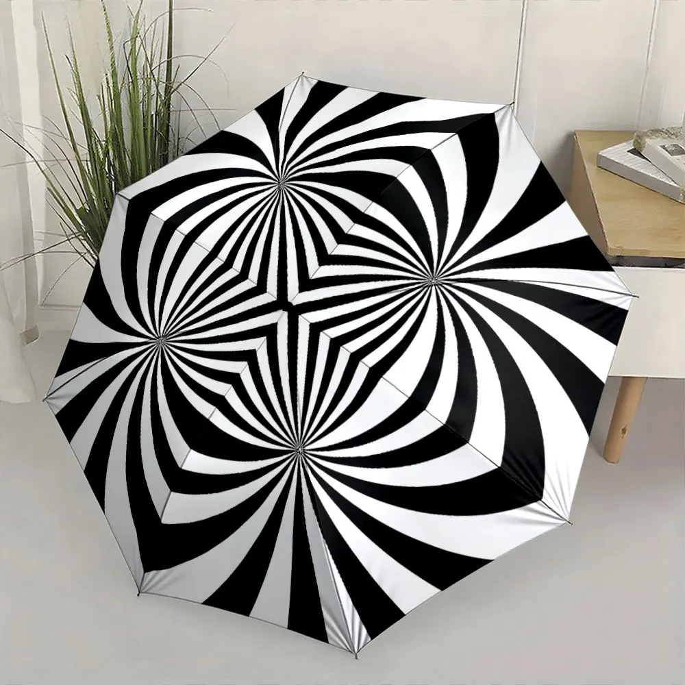 1PC Black and White Spiral Design Umbrella Print 8 Iron Ribs Folding Umbrella Auto-Open Fashion Sunshade