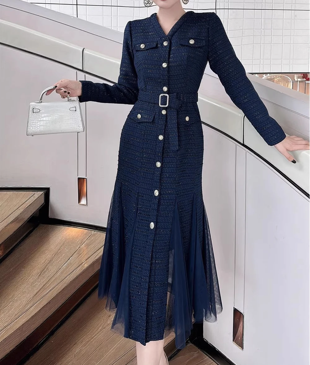 

Navy Blue Luxury Tweed Dress Women with Sashes Patchwork Long Sleeve Dresses Bodycon Streetwear Holiday Party Clothing Lady