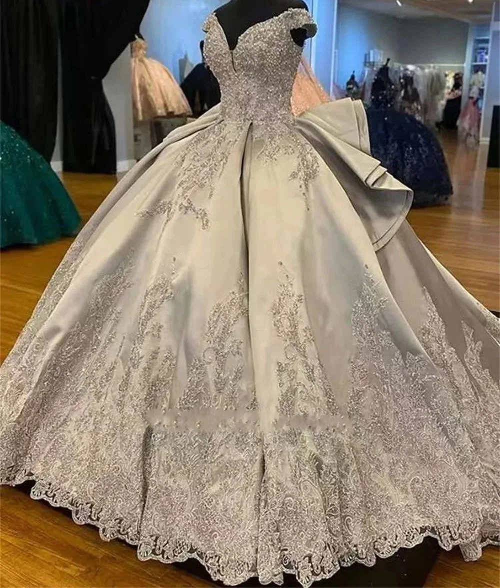 Gaun Quinceanera abu-abu gaun pesta tanpa bahu Satin applique manis 16 Gaun 15 AFO Meksiko