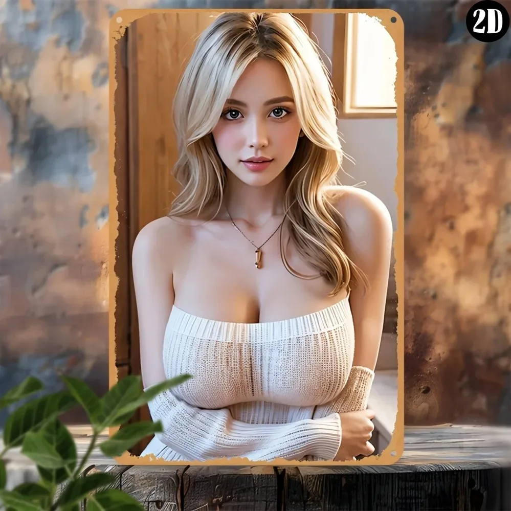 Vintage Cozy Blonde Woman Metal Tin Sign - Retro Gentle Girl with Wavy Golden Hair in White Off-Shoulder Knit Sweater & Delicate