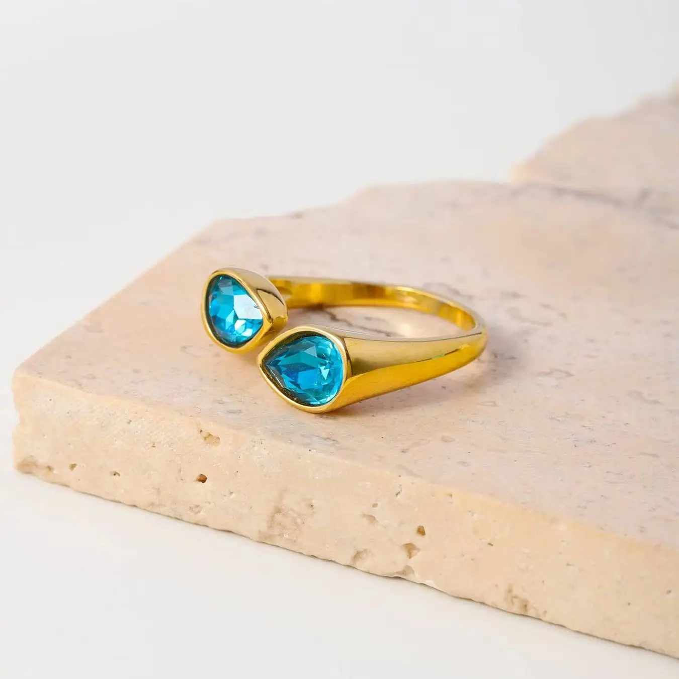 Stylish Stainless Steel Ring Open Design Double Birthstone Colorful Stone Waterdrop Shape Modern Elegance Gift Birthday