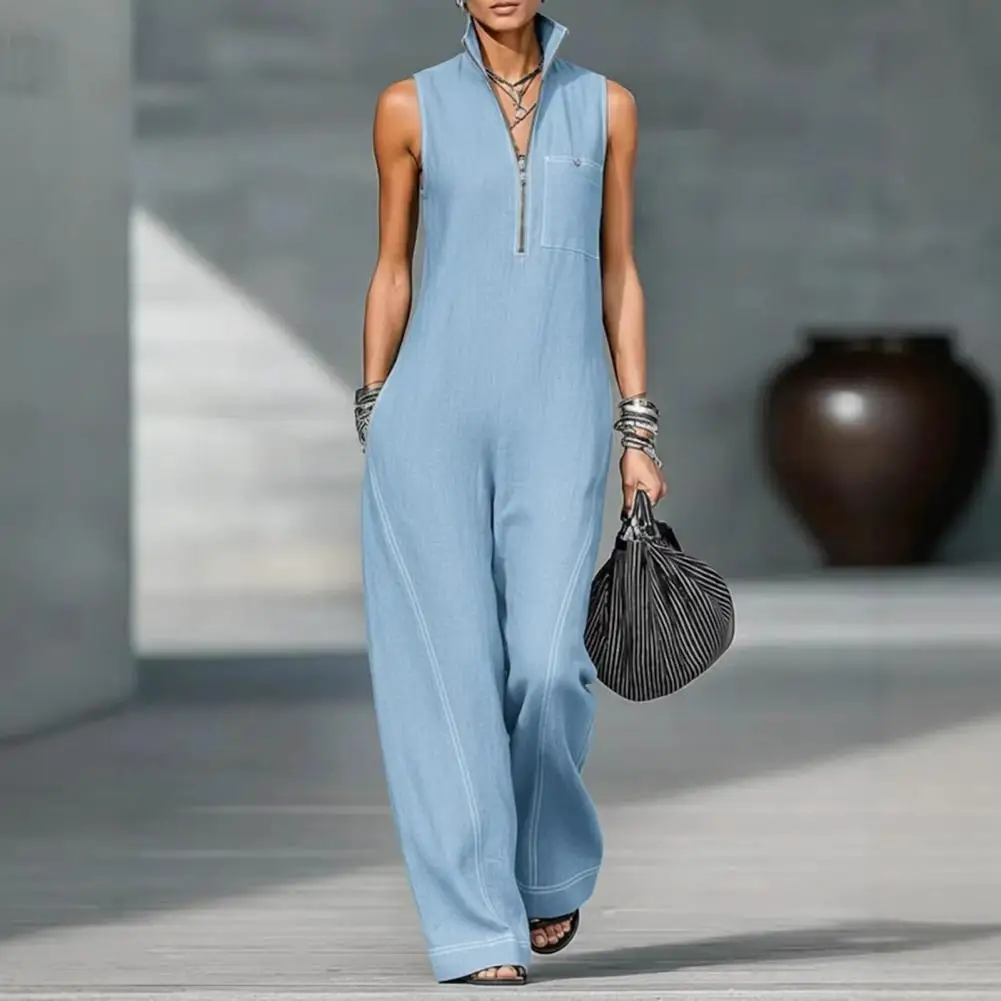 

Solid Color Women Sleeveless Jumpsuit Casual Long Pants Rompers with Pockets Summer Zip Up Stand Collar One Piece Overalls