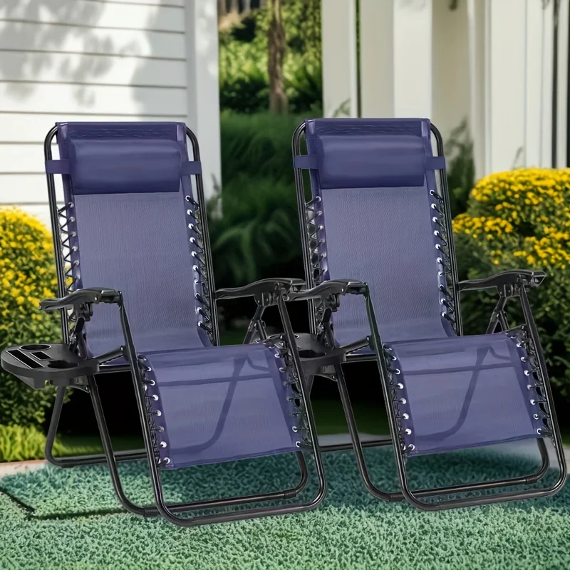 

Set of 2 Outdoor Zero Gravity Recliners - Portable Lounge Chairs with Cup Holder & Pillow, Sturdy Metal Frame