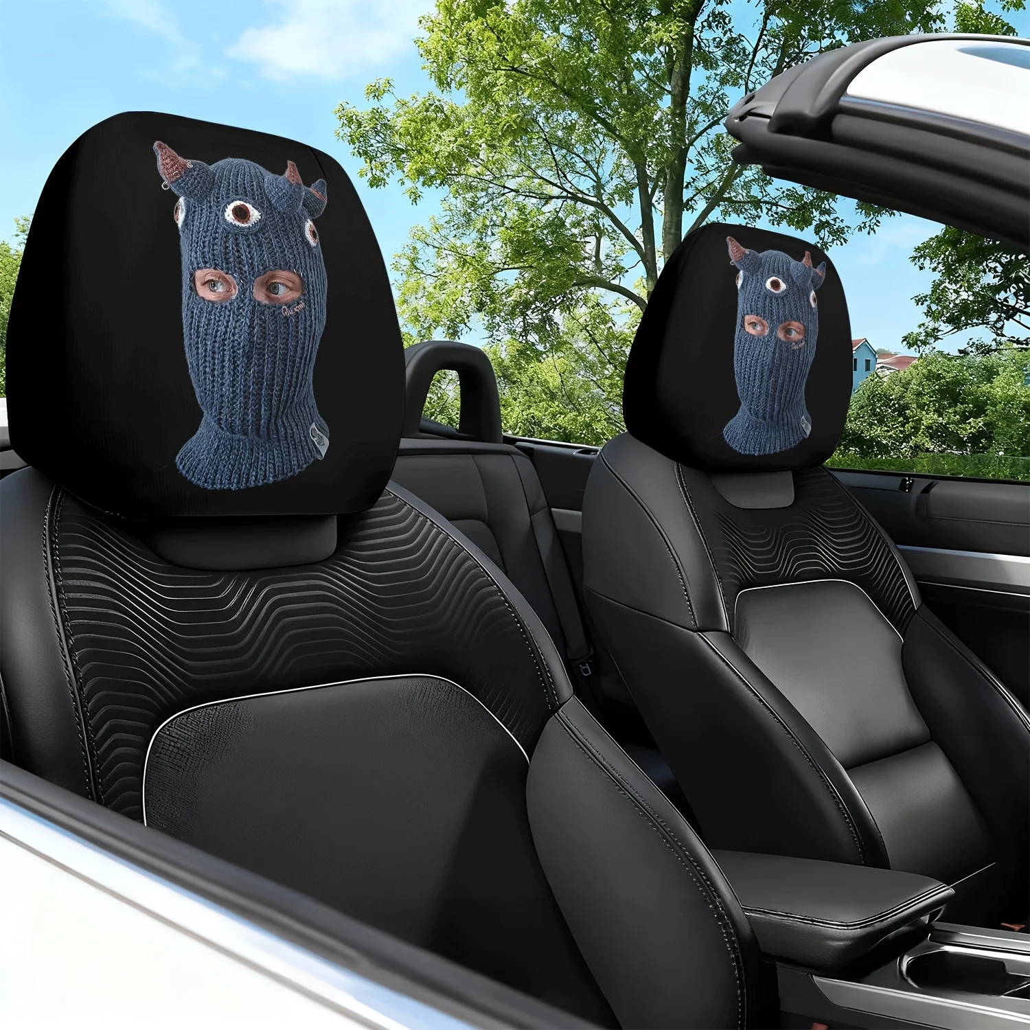 2pcs Car Headrest Covers with Devil Mask Knitted Hat Themed Print Pattern, Car Seat Cushion Headrest Neck Pillow Protector - F