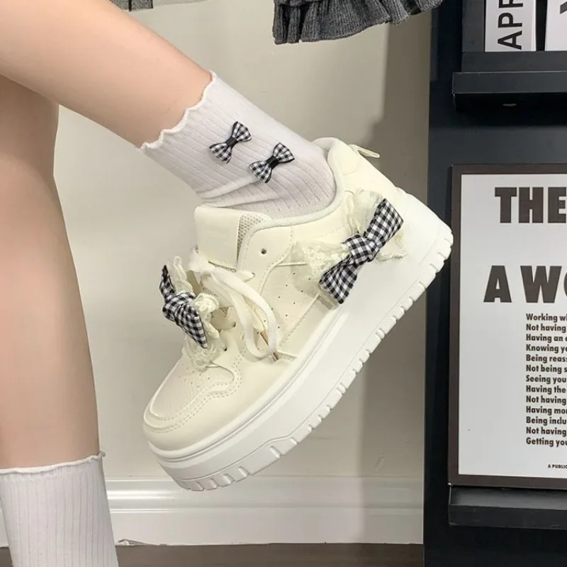 

Versatile Height Boost Platform Sneakers with Bow Knot Lace Up Summer Student Shoes White Breathable Comfortable Fit
