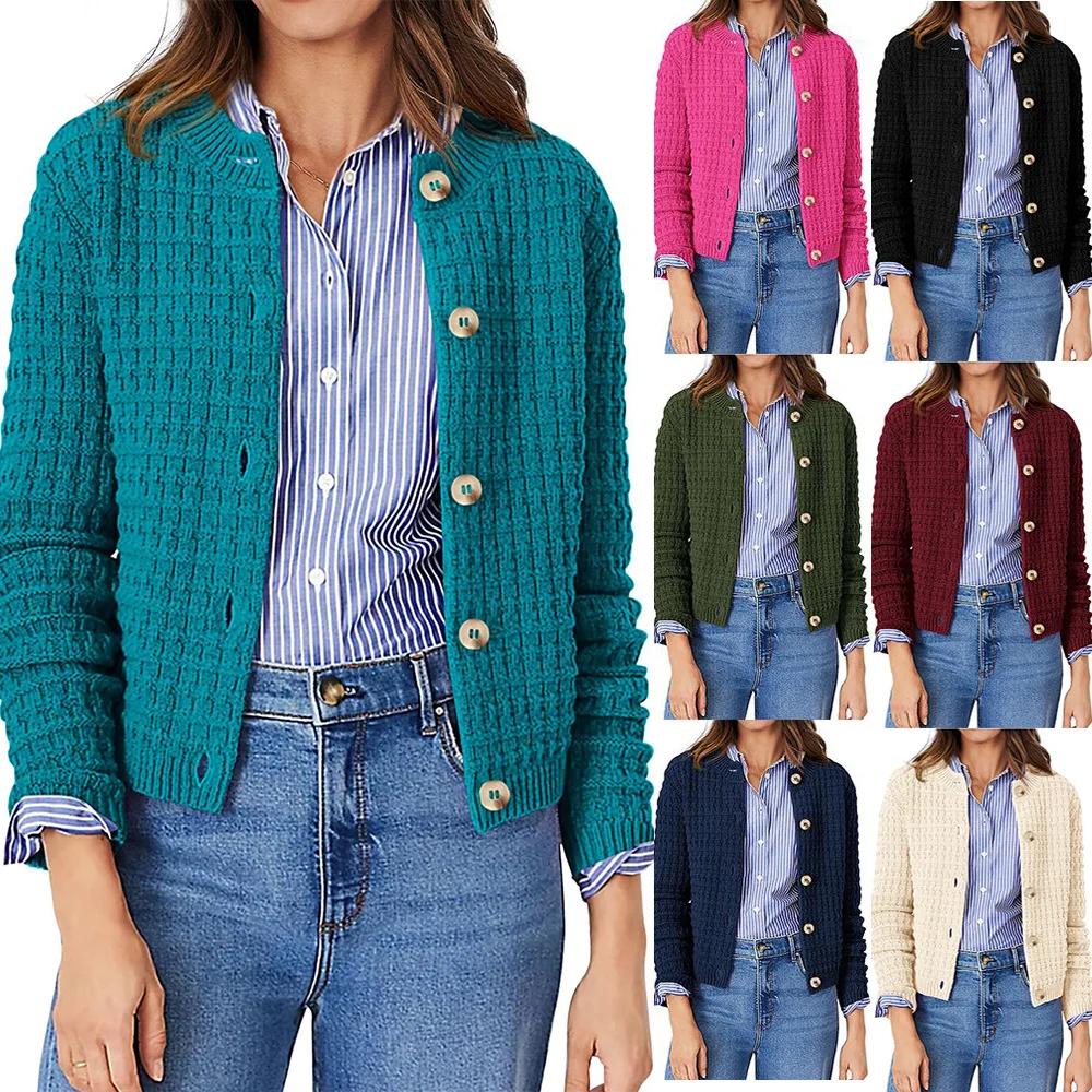 

KIDCRKJ Spring Solid Women's Knitted Sweater Round Neck Single-Button Plaid-Paneled Women's Top Versatile Commuter Lady's Coat