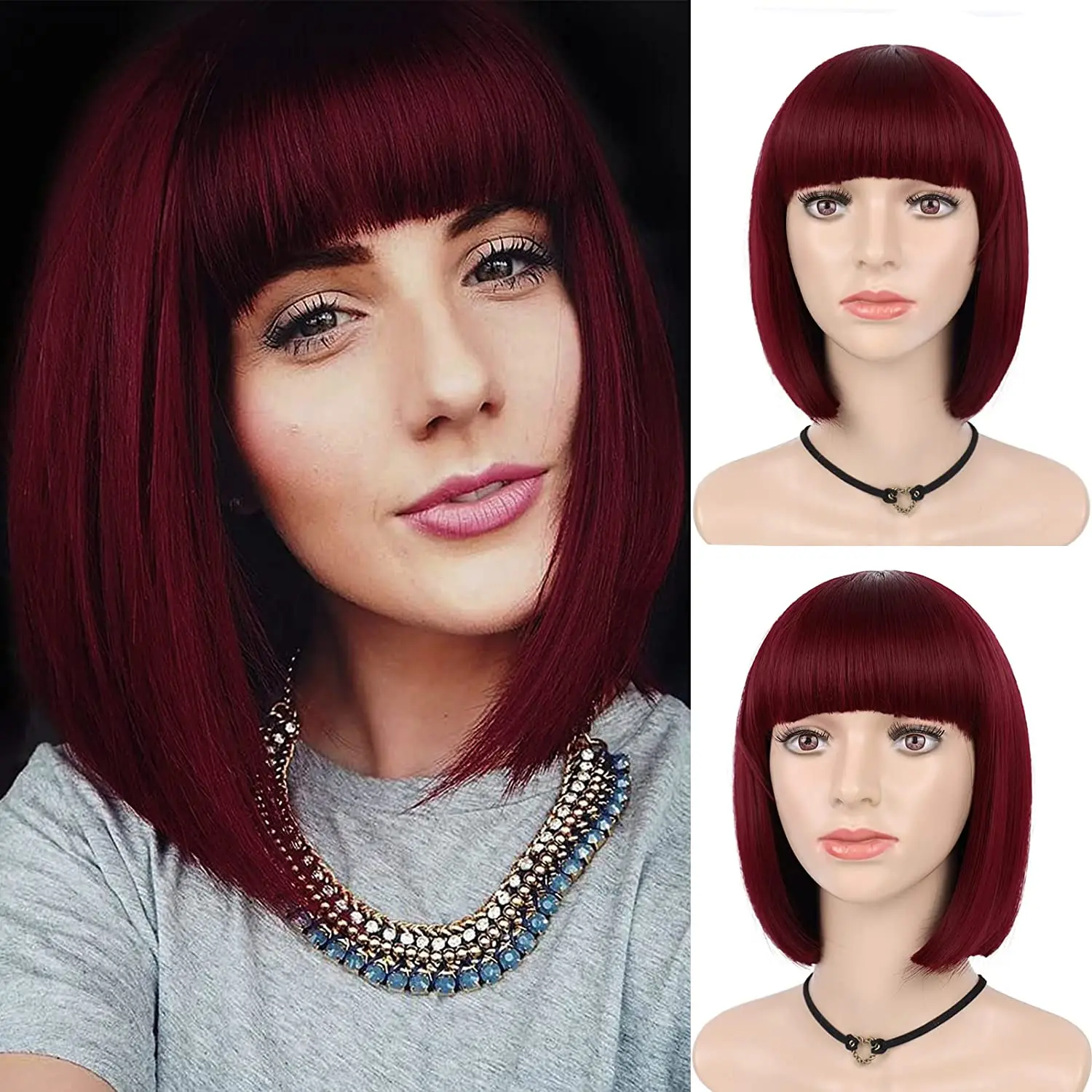 Synthetic Short Bob Wig with Bangs 12 Inch Black Natural Look Cosplay Party Daily Wear Replacement Heat Resistant Fiber Hair