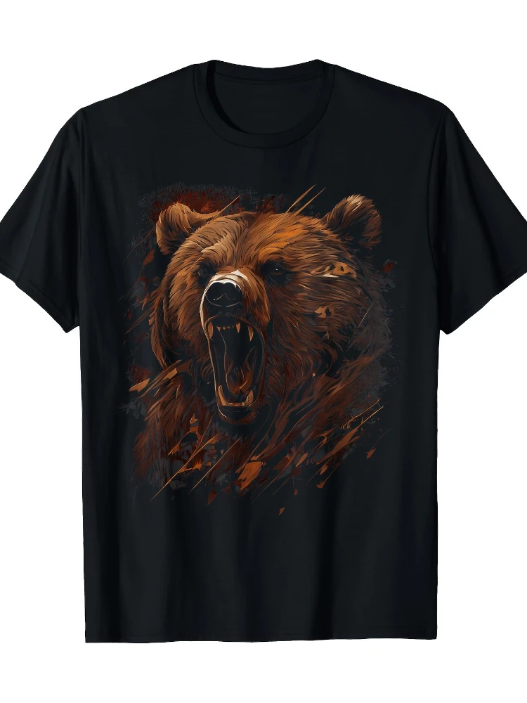 

Grizzly Bear Growl Animal Graphic-100% cotton O-neck summer short sleeve casual men's printed T-shirt.