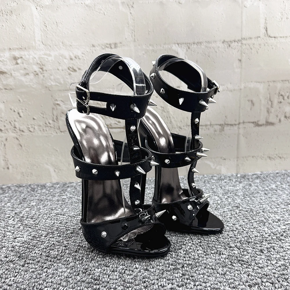 16/14cm/12cm High Heeled Rivets Sandals,Women Fetish Summer Shoes,T-Shape Ankle Buckle Strap,Black,Size 36-46,Customized Colors