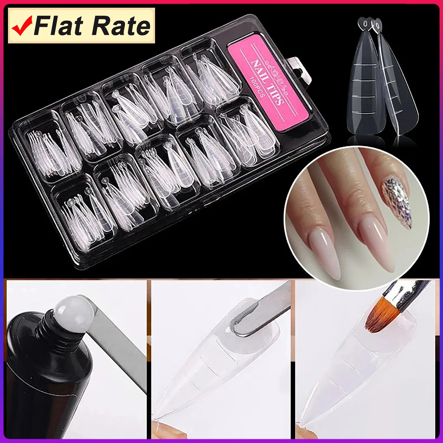 

100pcs Pointy Quick Building Gel Mold Tips False Nail Tips Acrylic Extension System Fake Nails Art UV Gel Manicure Tools
