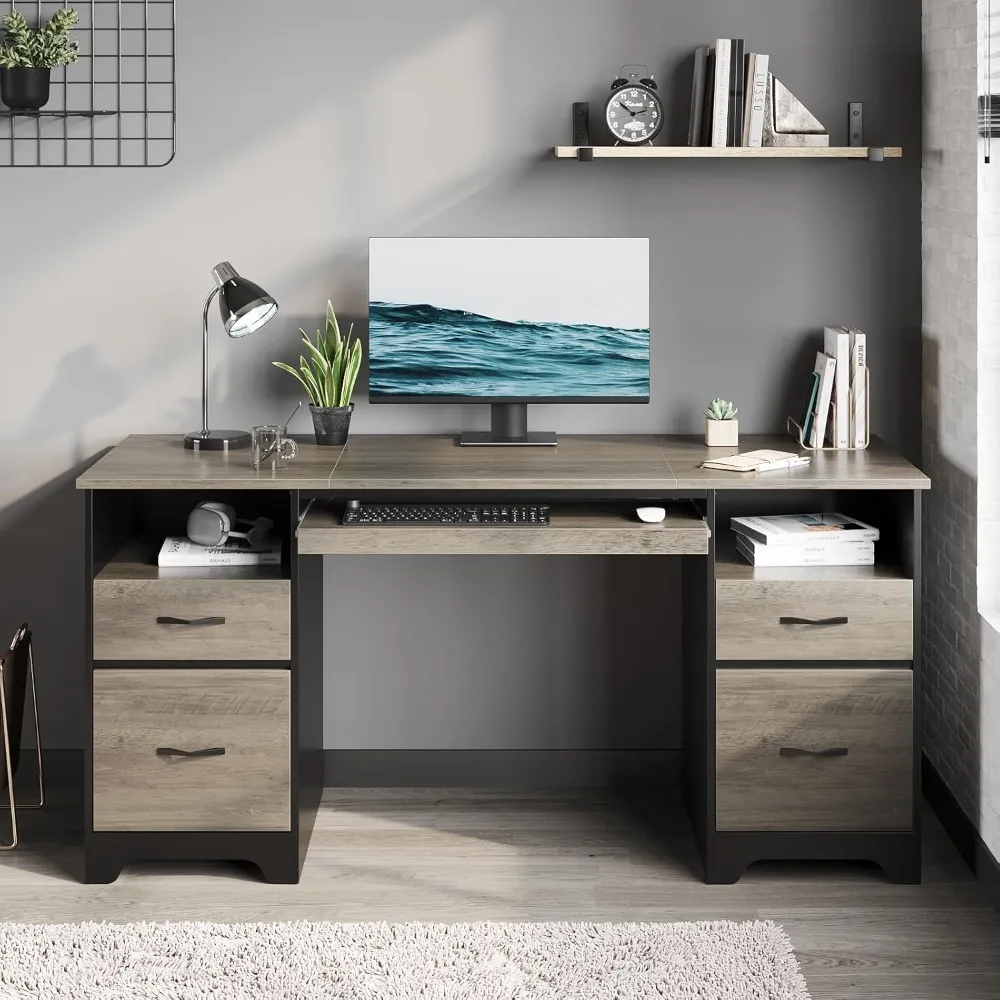 

59” Computer Desk with 4 Drawers, Office Desk with Storage, Keyboard Tray & 2 Pedestals on Both Sides for Home Office & Studio
