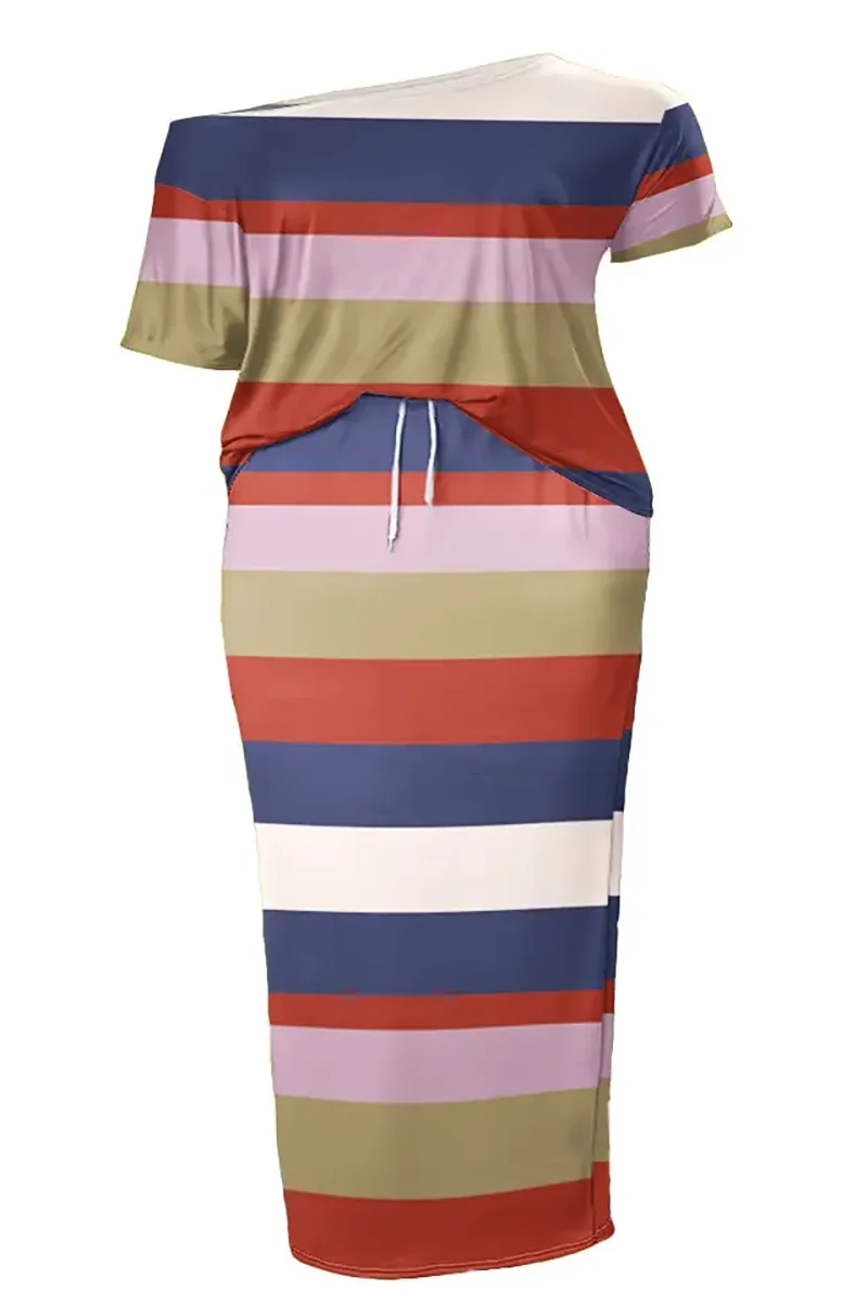 Plus Size Multicolor Casual All Over Print With Pocket Two Piece Skirt Sets