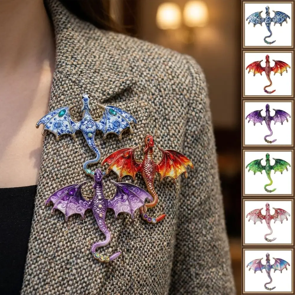 Zinc Alloy Enamel Flying Dragon Brooch Fantasy Dragon Colorful Rhinestone Animal Dragon Brooch Chinese Blue Porcelain Gothic