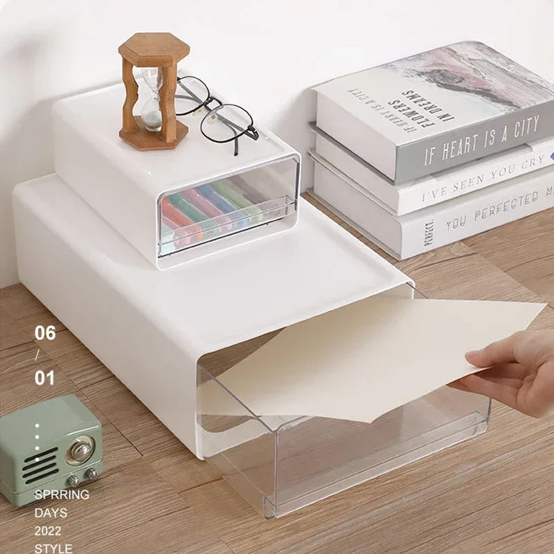 Desktop Transparent Storage Box Drawer Office Document Storage Box Sundries Holder Stacking Combination Cosmetic Desk Organizer