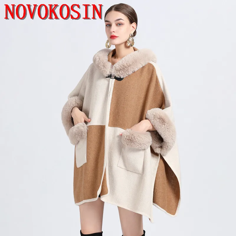 Contrast Color 2022 Winter Women Faux Fur Collar Loose Cape Outstreet Wear Warm Thick Poncho Cardigan Lady Coat With Hat Pocket