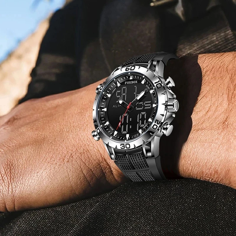 FOXBOX Mens Watches Top Brand Luxury Sports Dual Display Quartz Watch Man Military Waterproof Clock Digital Electronic Watch+Box