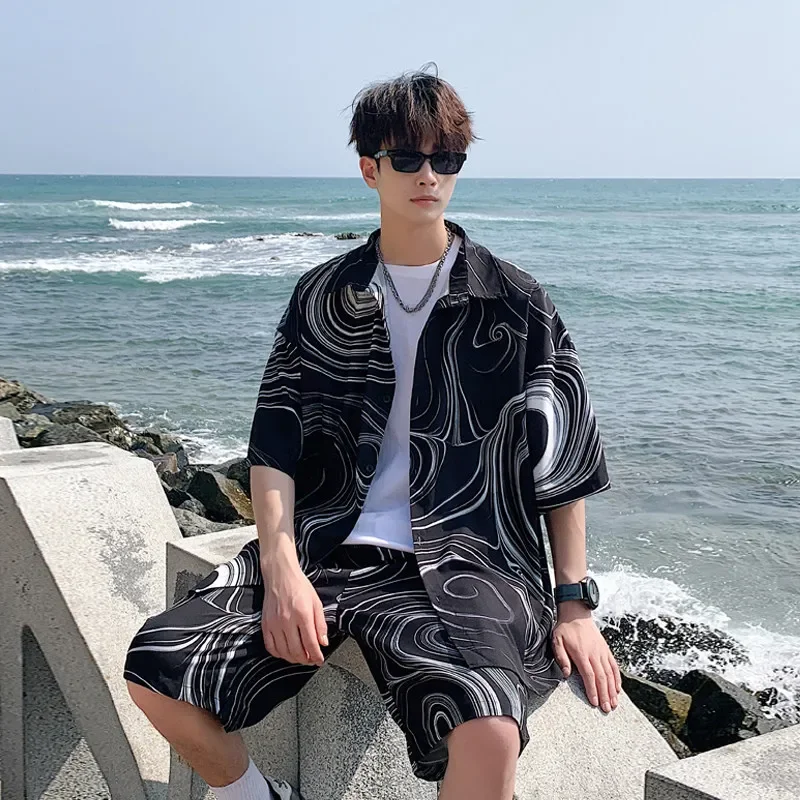 LISM 2024 Summer Men's Casual Suits Korean Fashion Two Piece Sets Short Sleeve Shirts + Shorts Sets Men's Oversized Tracksuits