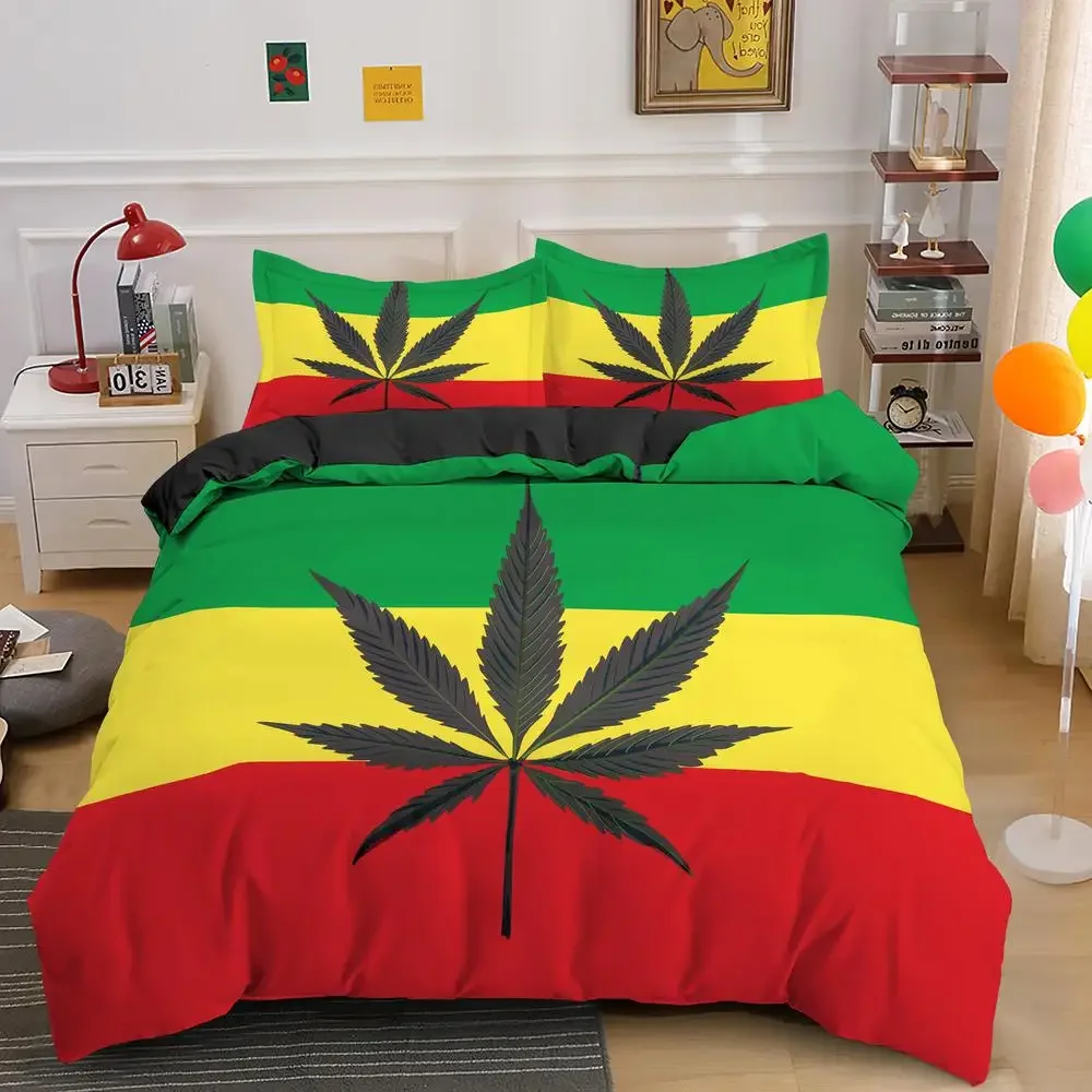 Maple Leaf Duvet Cover with Pillowcase King/Queen Size Colorful Striped Black Leaves Print Soft 2/3pcs Polyester Quilt Cover