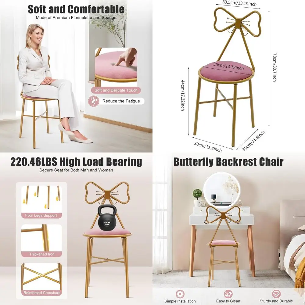 

Pink Velvet Bow-Accented Vanity Chair with Backrest, Ideal for Makeup Desk or Living Space