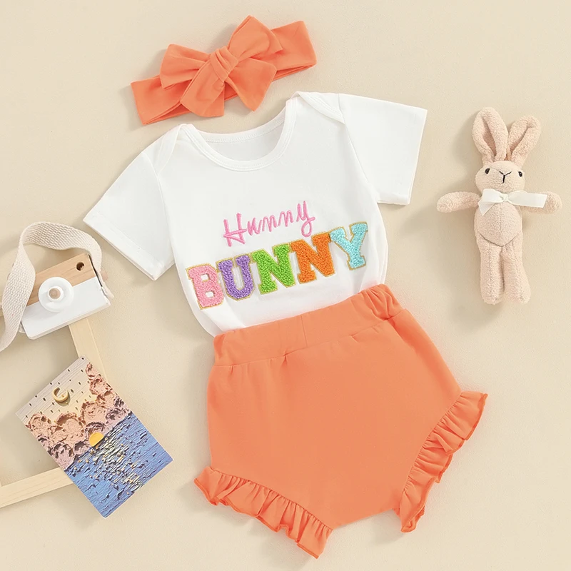 Baby Girl Easter Outfits Short Sleeve Letter Embroidery Romper Ruffle Shorts Rabbit Tail Plush Ball Headband Set