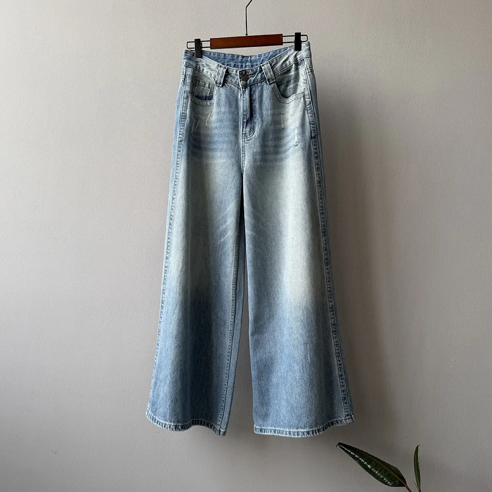 Jeans da donna retrò a vita alta a gamba larga Pantaloni larghi drappeggiati dimagranti casual lunghi fino al pavimento per l'autunno e l'inverno