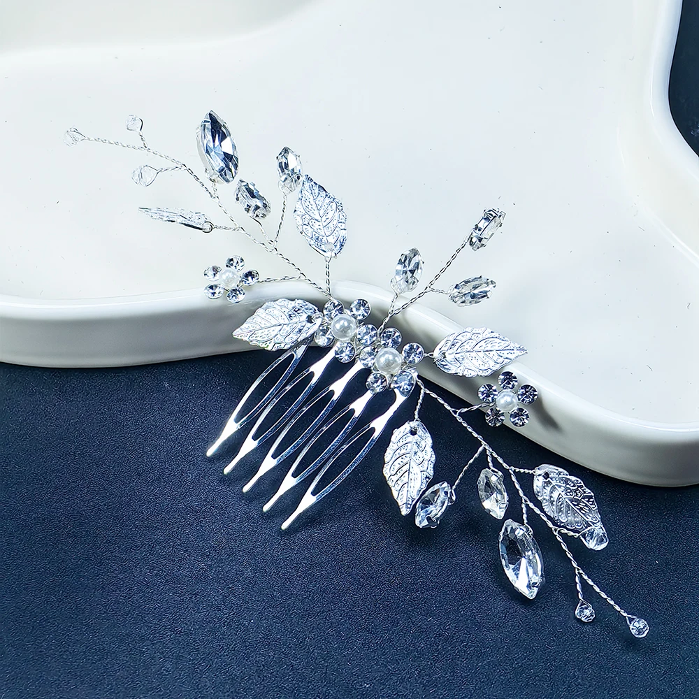 Leaf bridal wedding crystal hair comb rhinestone pearl bridal hair piece flower headdress suitable for women and girls