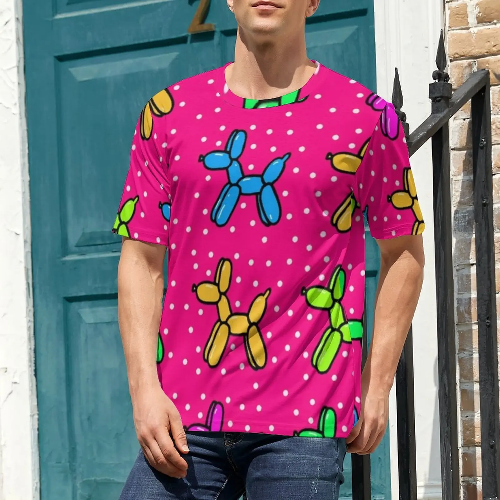 Balloon Dogs Print T Shirt For Male Polka Dots Design O Neck T Shirts Original Hippie Tops Short Sleeve Awesome Oversize Tees