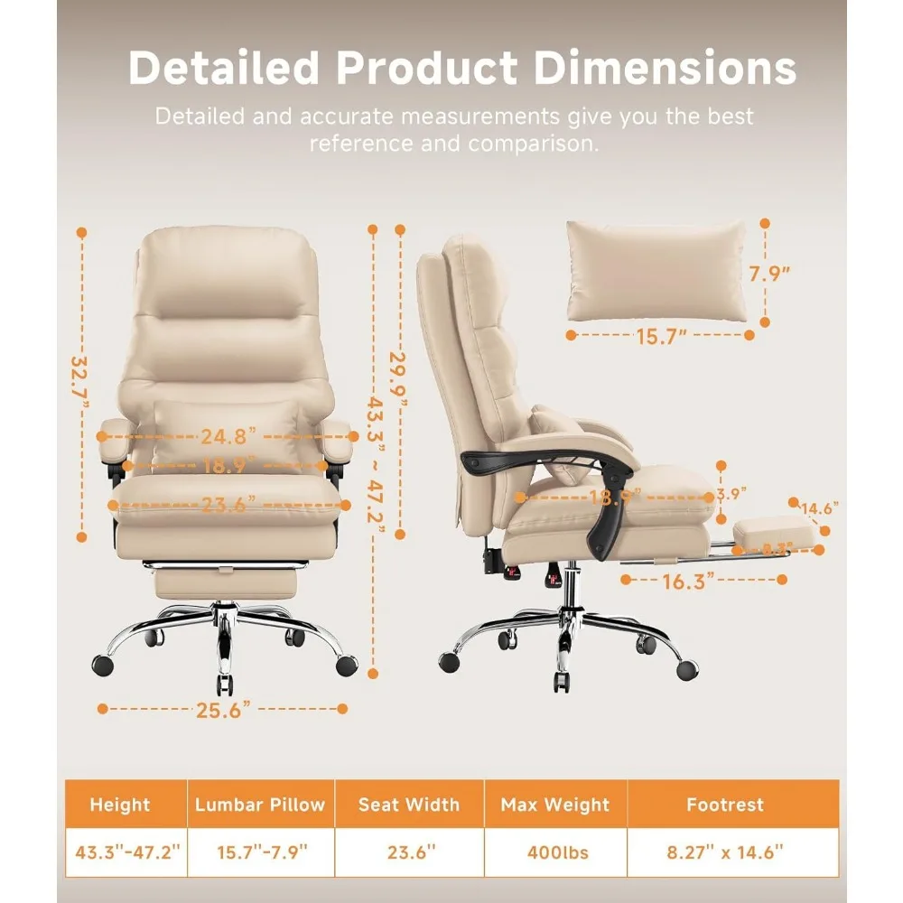 Bureaustoel, bureaustoel, ergonomische bureaustoel, 400LBS PU lederen computerstoelen met voetsteun en lendenkussenstoel