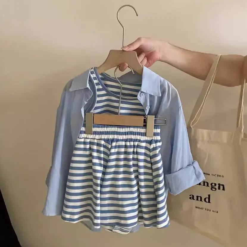 

Childrens Sets New Sunscreen Shirt Stripe Vest Shorts Three PieceGirls Causal Summer 2025 Round Collar Striped Simple