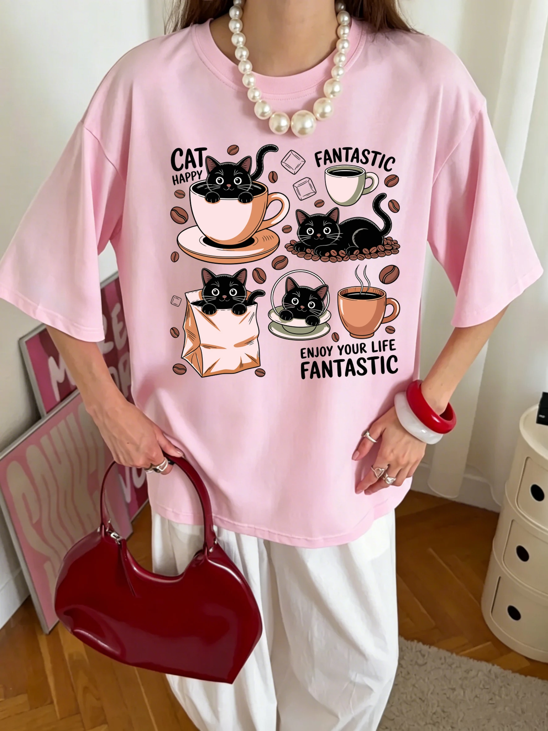 Enjoy Your Life Happy Coffee Cat Prints T Shirt Women Summer Hip Hop T-Shirt Cotton Breathable Casual Top Oversized Short Sleeve