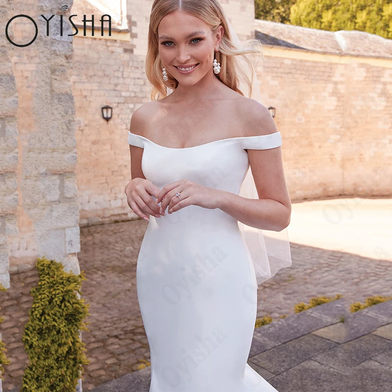 Oyisha Elegant Off Shoulder Robe De Mariée Illusion Back Button Wedding Dresses For Women Satin Mermaid Bridal Gowns Custom Made