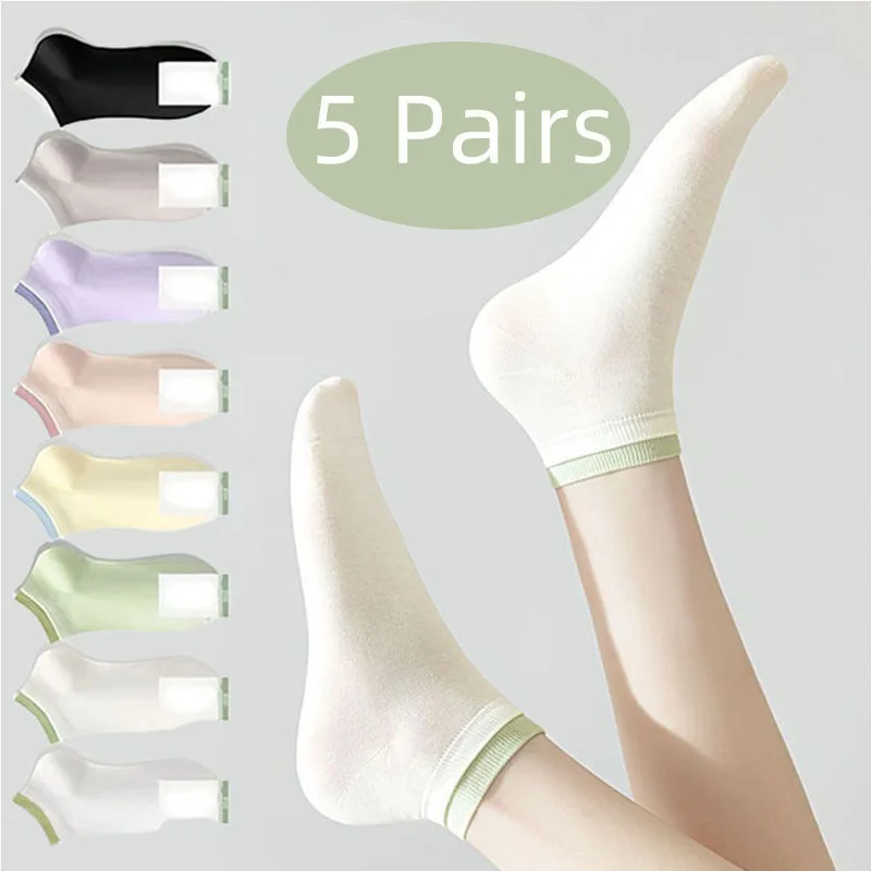 

5 Pairs White Women's Short Socks Summer Thin Cotton Sports Socks Color Block Contrast Boat Socks Absorb Sweat Breathable