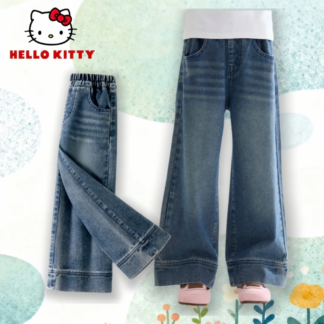 Hello Kitty Jeans blu stile trendy per bambini Pantaloni eleganti in denim con taglio a stivale per bambini Pantaloni antivento Jeans di alta qualità
