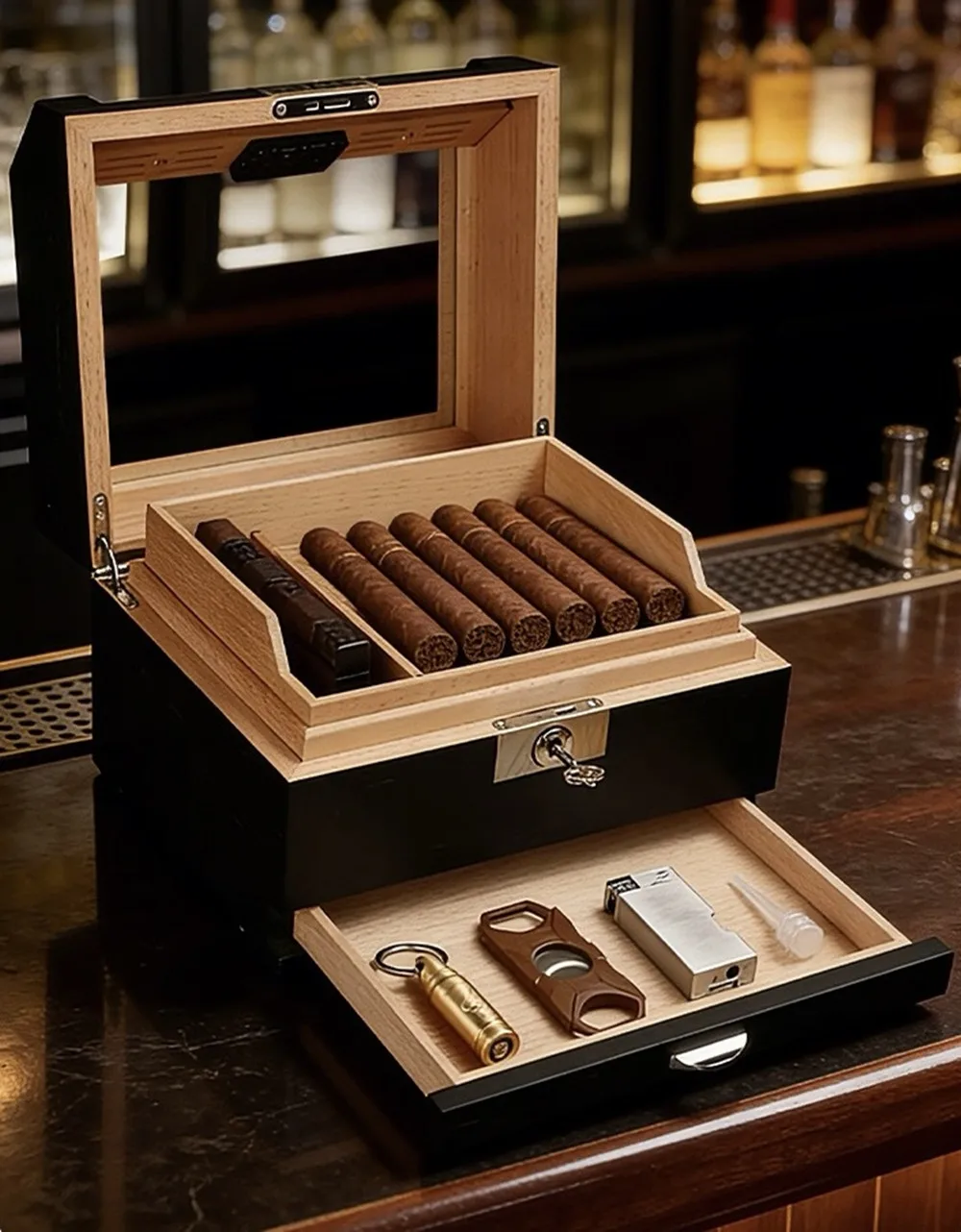 Cigar Box Made Of Double Layered Cedar Wood With A Large Capacity And Locked Seal, Featuring A Curved Perspective Window.