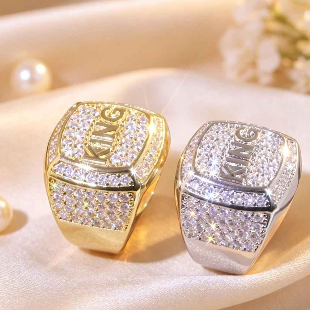 2PCS Hip Hop Style Men Signet Ring KING Letter Design Full Inlaid Synthetic Zircon Gold Silver Tone Wide Finger Ring Rap Stage Party Costume Jewelry For Men