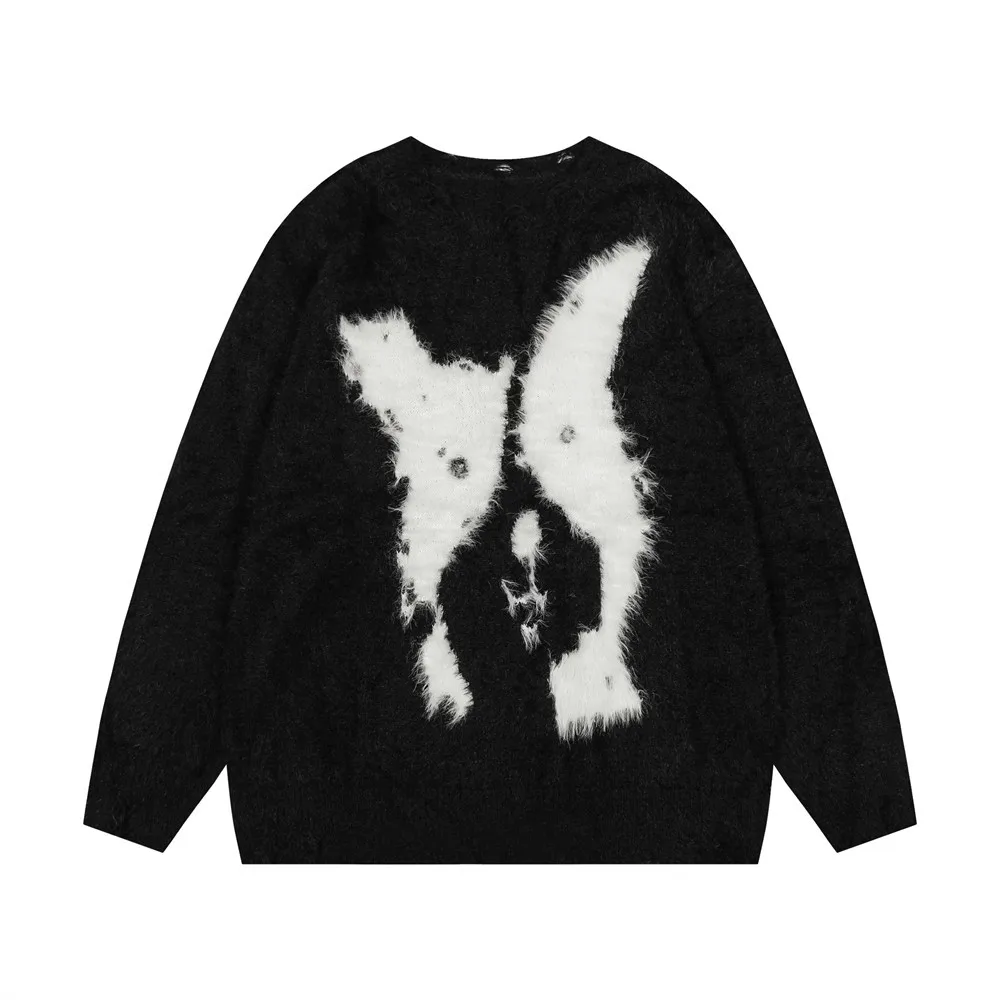 Knitwear Men Y2k Oversize Dog Head Round Neck Sweater for Women 2024 Autumn and Winter Mohair Torn Pulled Knitted Sweaters